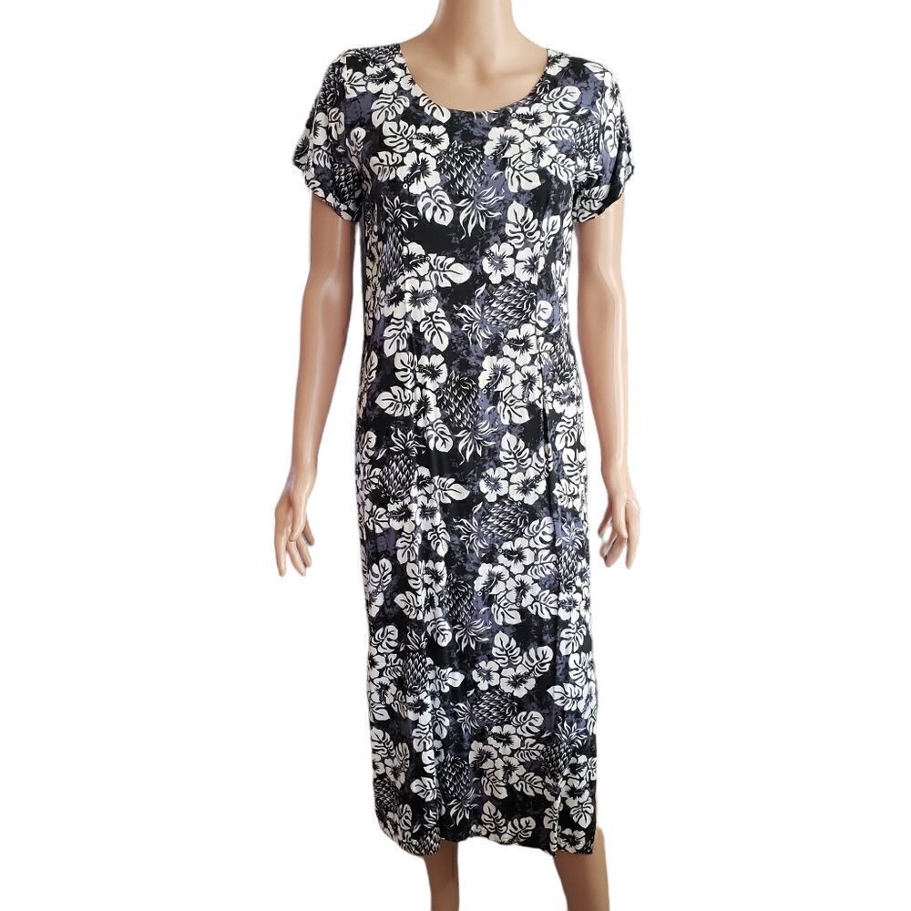 Royal Creations Hibiscus Gray/White Summer Midi Dress SMALL